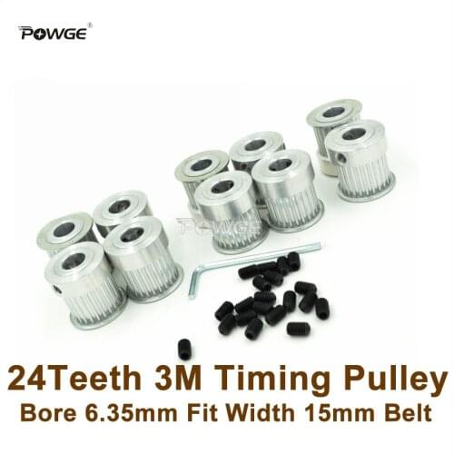POWGE 10pcs 24Teeth 3M Timing Pulley Bore 6.35mm Fit Width=15mm HTD3M Belt 24T 24 Teeth 3M Pulley CNC Engraving Machine