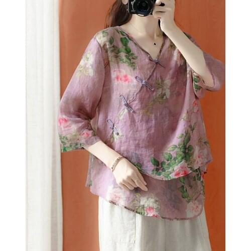 QPFJQD 2021 New Chinese Style Oblique Button Cotton Linen Printed Shirt Plus Size WomenS Three-Quarter Sleeves V-Neck Floral