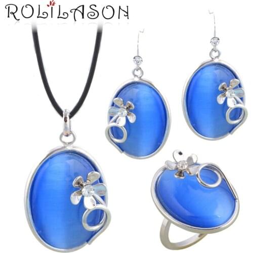 ROLILASON Wholesale&Retail Blue zircon Silver Sets Earring /Necklace/Pendant/ Rings Fashion Jewelry for Women JS691