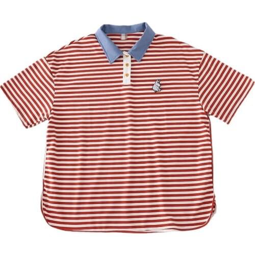 Preppy Style Red Striped Printing Short-sleeved Shirt Summer New Womens Casual Loose POLO Shirt T-shirt