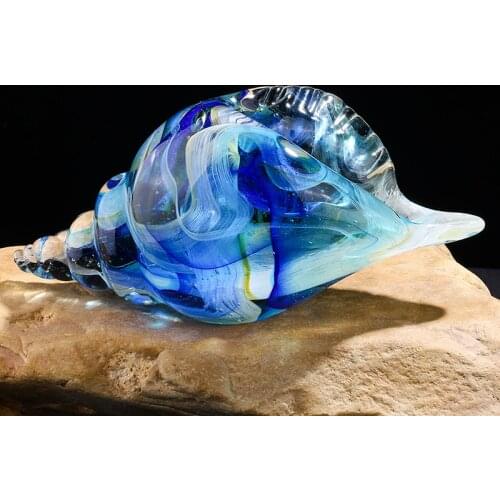 H&D Hand Blown Glass Seashell Glass Art Conch, Home Collection Decor Gift (Blue)