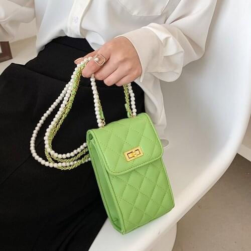 High Quality Pearl Chain Small Phone Bag Messenger Shoulder Pearl Fresh Color Female Handbag Diamonds Lattice Crossbody Bags
