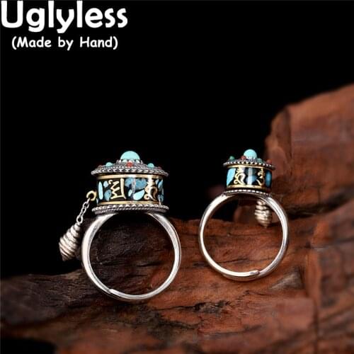 Uglyless 2Sizes Spinning Prayer Wheel Rings for Women Tibetan Buddhists Jewelry Natural Exotic Turquoise Rings 6 Words Mantra