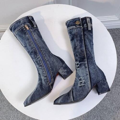 Sexy Jean Boots Womens Mid Calf Boot Zipper High Heel Woman Stylish Jeans Boots Ladies Denim Boot Female Shoes Cowboy 2020 New