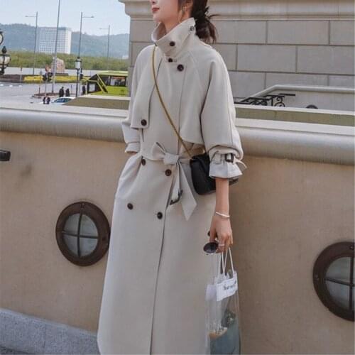 Trench Coat Women elegant Stand Collar With Belt Pick Hip Solid Beige High Street 2021 New Autumn Fashion Coat