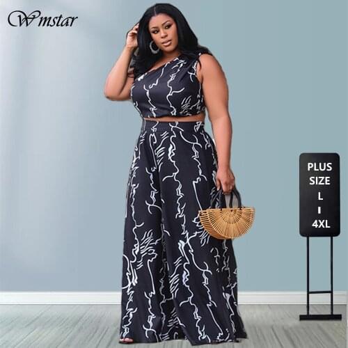 Plus Size 3xl 4xl Two Piece Set Women Summer Wholesale Sexy Single Sleeve Vest Wide Leg Pants Print Matching Suit Dropshipping