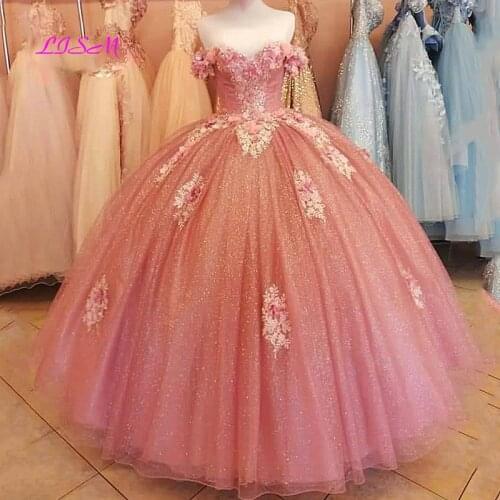 Sexy Sweetheart Long Pink Quinceanera Dresses 2021 Sweet 15 Tulle Princess Prom Dress Sparkly Ball Gown Party Dress