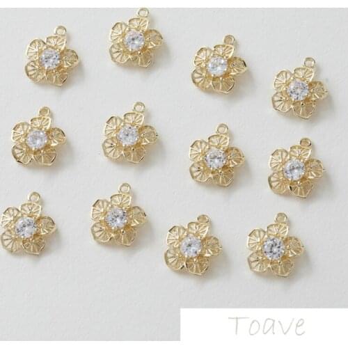 14 Gold Plated Electroplated Flower Hollow Pendant Inlaid Zircon DIY Pendant Handmade Material Accessories 4pcs