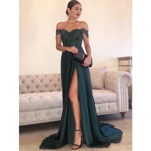 2019 Teal Off Shoulder Evening Dresses Long Front Split Satin Formal Evening Party Dress for Women In Stock