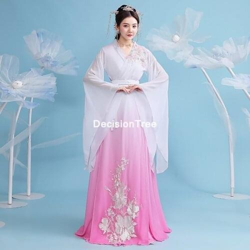 2021 chinese traditional clothes festival folk dance dress hanfu for women girls vintage retro fairy embroidery chiffon dress