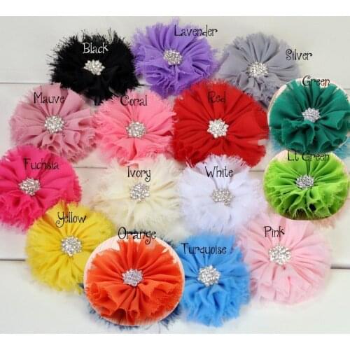 30pcs/lot 3" 16colors Artificial Frayed Chiffon Flower With Snow Rhinestone Button Fluffy Fabric Flowers For Kids Headbands