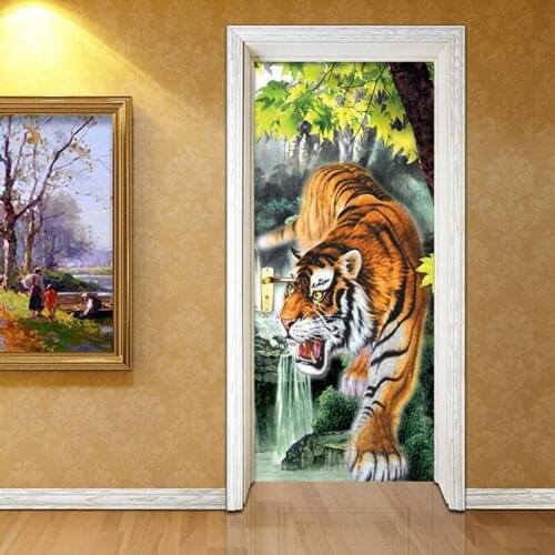 3D Stereo Lifelike Tiger Door Sticker Cartoon Animal Kids Bedroom Living Room Home Decor Wallpaper PVC Waterproof Door Poster 3D