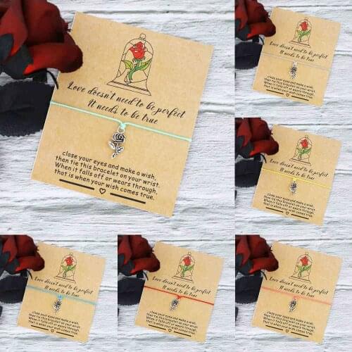 Beauty and The Beast Inspired Bracelet I Love You Rose Flower Charm Bracelet Lucky Red String Bracelet Lovers Jewelry