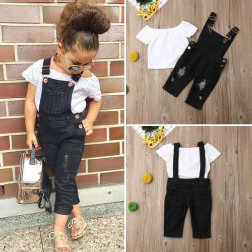 Toddler Kid Baby Girls Lace Tops Bib Pants Jeans 2PCS Outfits Summer Clothes for Children Kids Baby Girls