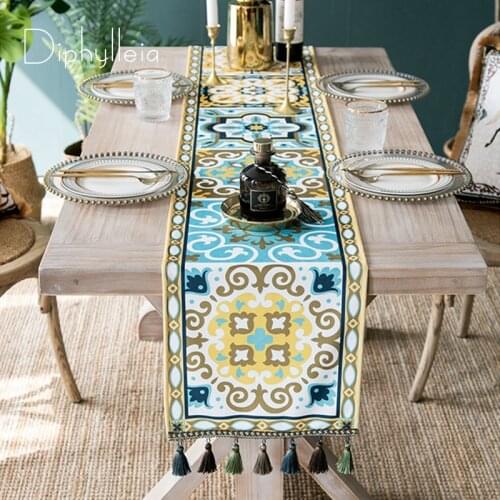 Diphylleia Tassel Table Runners Party Long Table Cover Palace Style Luxury Blue Floret Brick Print Long Desk Decorating Tapestry