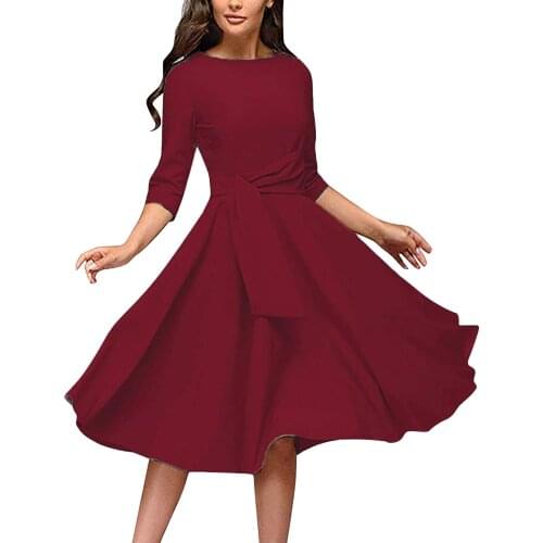 Womens Elegance Ruched A-line Dresses Solid Color Round Neck 3/4 Sleeve Swing Maxi Dresses Party Wear Vestidos Sukienki Robe