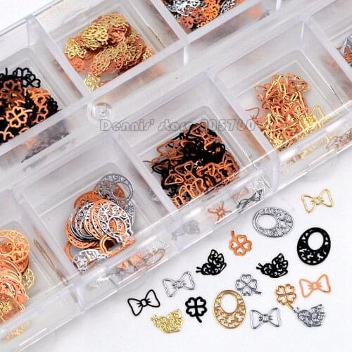 Mix 3 Colors 4 Shapes Bow Tie Butterfly Leaf Floral Pattern Metal Sequin Nail Art Rhinestones Slice Decorations DIY Salon Tip10