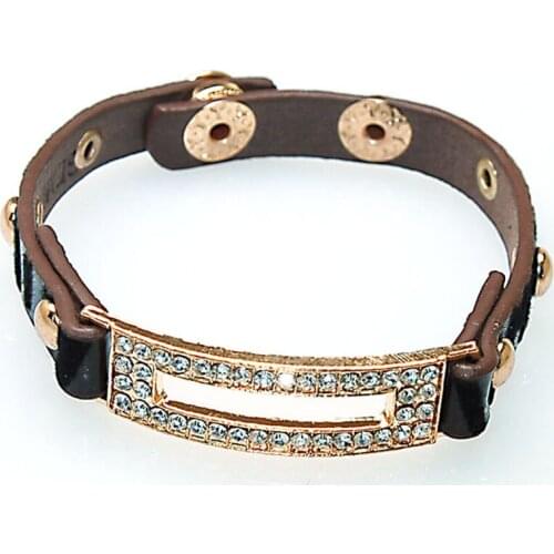 Miasol Leather wrap bracelet/wirstlet with crystal matal rectangle,unique designed blingbling leather bracelet/bangle