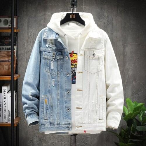 Spring autumn new men contrast denim jacket hip-hop loose fashion ripped personality stitching bomber jeans Coats Plus Size