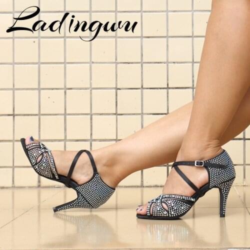 Ladingwu Dance Shoes Latin Woman Salsa Black Satin Dancing Shoes Glitter Rhinestone Professional Dance Shoes Ballroom Soft Botto