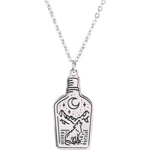 Fashion Stainless Steel Geometrical Bottle Shape Pendant Personality Wolf and Moon Clavicle Necklace for Men Jewelry