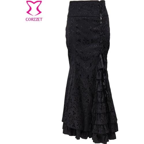 2017 News Retro Pencil Victorian Red Borcade Sateen Corset Vintage Style Sexy Fishtall Slim Long Mermaid Ruffle Skirts