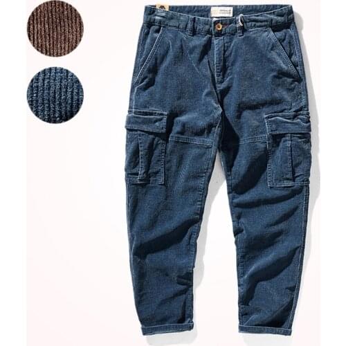Autumn and Winter Corduroy Casual Pants Men 's Worn Looking Washed-out Stretch Corduroy Loose Straight Multi-Pocket Cargo Pants