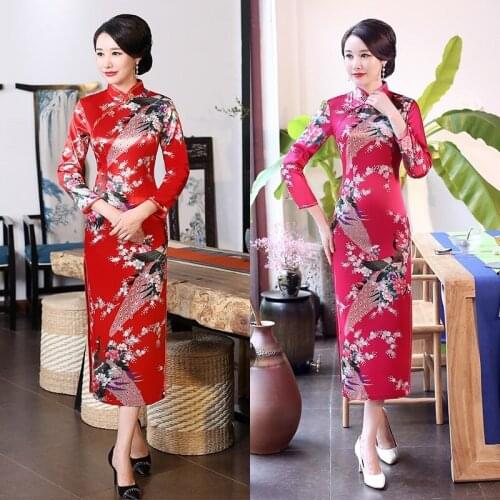 Autumn New Multicolor Peacock Pattern Long Cheongsam Satin Plus Size Retro Slim Banquet Team Catwalk Qipao Flowers Dresses