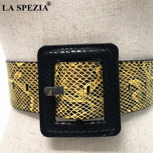 Yellow Snakeskin Grain Wide Women Waist Belt Big Square Buckle Autumn Green Pink Black Yellow Vintage Ladies Dress Belts 99cm