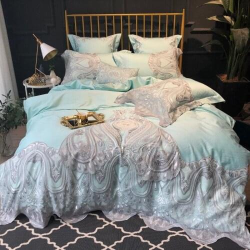 Luxury 120S Egyptian cotton Embroidered Bedding set Queen King Europe Noble Lace Edge Duvet cover Bed sheet set Pillowcase blue