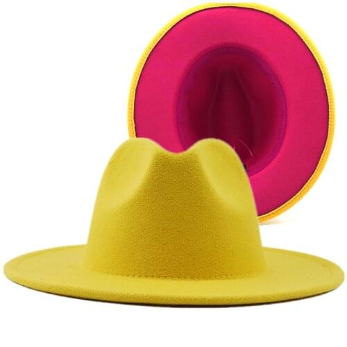 Unisex Outeryellow Inner rose Wool Felt Jazz Fedora Hats with Thin Belt Buckle Men Women Wide Brim Panama Trilby Cap L XL