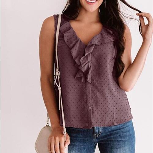 Blouse Ruffles Casual Blusas Mujer De Moda 2021 Verano Elegantes Loose 2XL Plus Size Summer V-Neck Women Sleeveless G2694