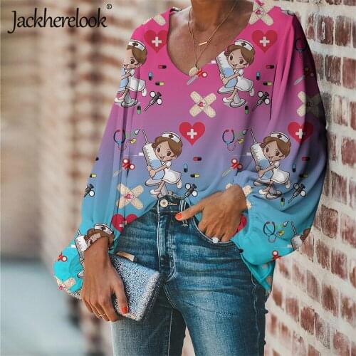 Jackherelook Gradient Cartoon Nursing Harajuku Blouses for Ladies Sping Lantern Sleeved Woman Clothes Female Top Shirt Plus Size