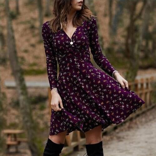 Femmes Imprimé Floral Élégant V-cou Parti Printemps Automne Manches Longues Vintage A-ligne Dames Occasionnels Lâche Robe