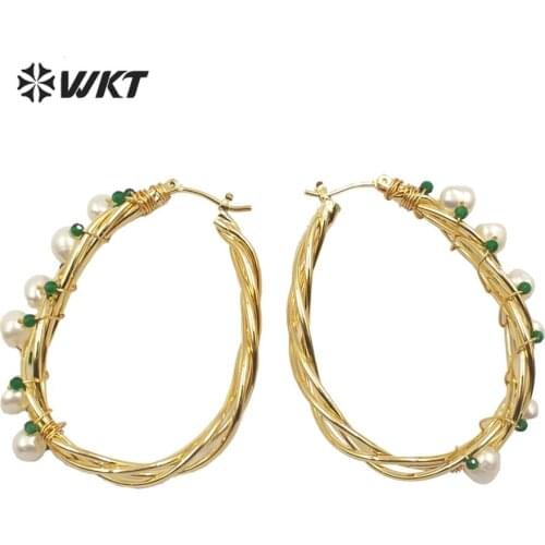 WT-E586 Colorful amazing big ear ring handmake wire wrapped women pearl hoop earrings for gift with elegant beauty stone pearl