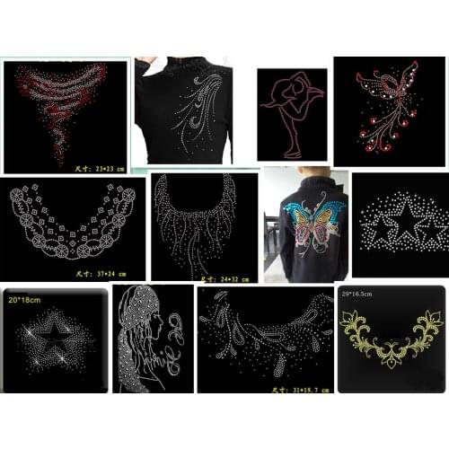 20pc/lot Flower and neckline Rhinestone hot fix rhinestone transfer motifs iron on design rhinestone applique patch for shirt