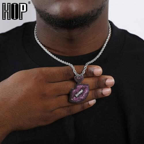 Hip Hop Full Iced Out CZ AAA+ Purple Lips Square Stones Solid Back Pendants & Necklaces Men Women For Men Charm Jewelry