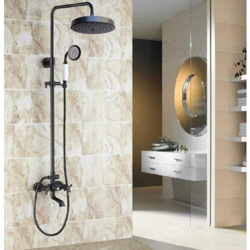 Black Oil Rubbed Brass Bathroom Rainfall Shower Faucet 7.7 inch Round Shower Head Set Bathtub Tap Two Cross Handle ars384