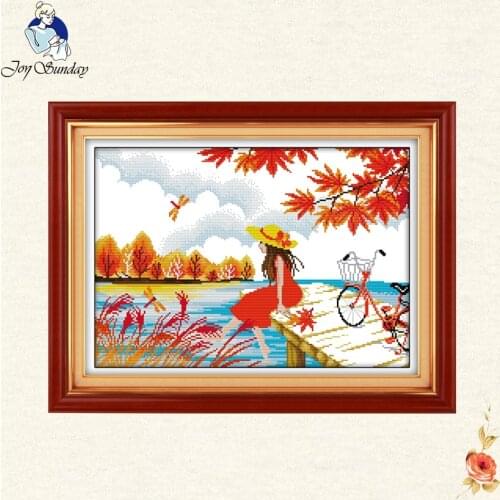 Joy sunday Girl and maple leaf Cross Stitch 14ct 11ct deep blue cotton thread Autumn scenery embroidery DIY handmade needlework