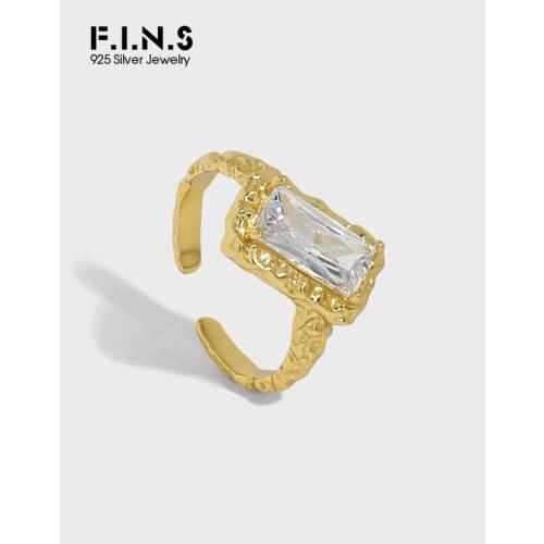 F.I.N.S Luxury 4A Cubic Zirconia Tin Foil Wrinkle S925 Sterling Silver Open Ring Rectangle Shiny Zircon Finger Rings Jewelry