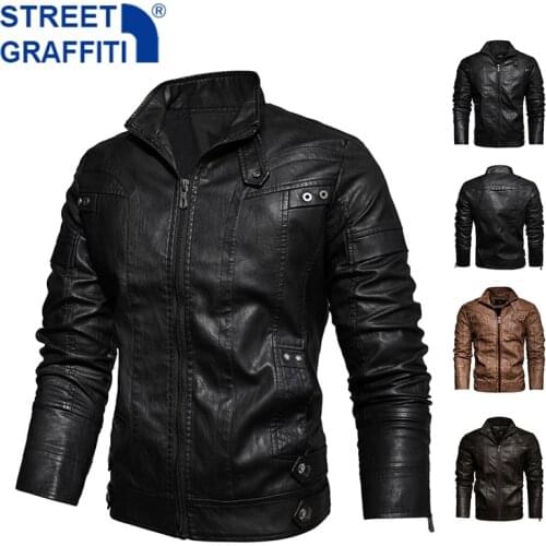 2021 Men’s Motorcycle Jacket Autumn Winter Men New Faux PU Leather Jackets Casual Embroidery Biker Coat Zipper Fleece Jacket