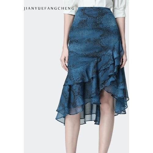 Women Summer Snake Skin Print Blue Chiffon Skirt High Waist Irregular Ruffle Midi Mermaid Skirts Elegant Sexy Street Wear Jupe