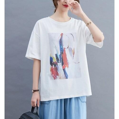 Tie Dye Art Print Fashion Women T Shirts All-match Loose Tops Pure Cotton Summer T Shirts O-neck Casual T-shirt Tshirt Tees