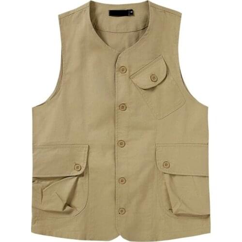 Safari Style Mens Vest Coat Multi-pocket Solid Outdoor Travel Fishing Sleeveless Jacket Men Cotton Casual Waistcoat Male Khaki