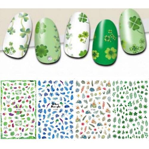 Nail Stickers Lucky Green Shamrock Flowers Clover Ginkgo Leaf Nail Art Decals 3D Adhesive Sticker Manicure Decoration