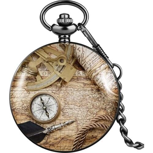 Nostalgia Pocket Watch Antique Unisex Compass Map Pattern Arabic Numerals Nostalgia Dial Smooth Cover Thick Chain Necklace Watch