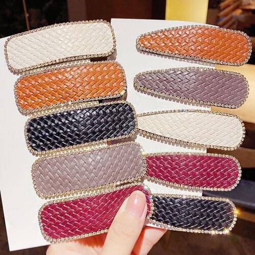 New Women Elegant Luxury Leather Crystals Geometric Hairpins Sweet Hair Clips Barrettes Headband Fashion Hair Accessories