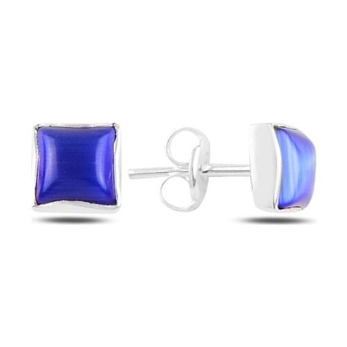 Silver 925 Sterling Square Blue Cat 'S Eye Stone Earrings