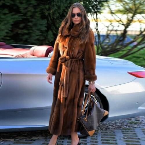 120cm Long Real Mink Fur Coat Women 2021 New High Quality Genuine Mink Fur Coats Turn-down Collar Luxury Fur Overcoats with Belt