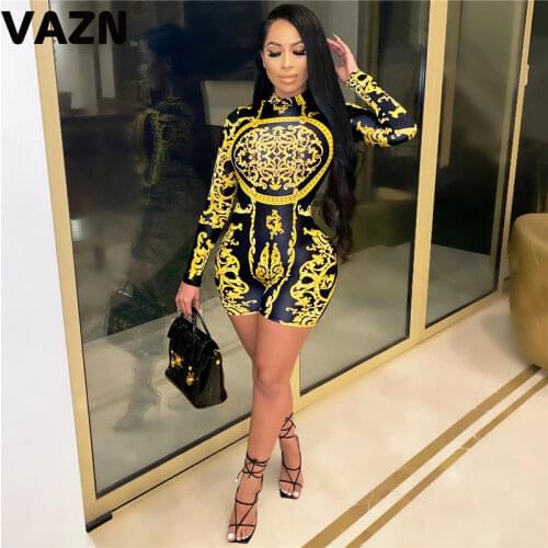 VAZN Hot Sale Women Girl Summer Full Sleeve Turtleneck Casual Jumpsuit Striped Romper Jumpsuit Short Pant